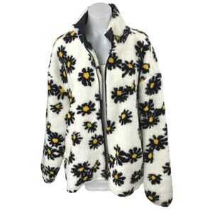 Wesc Women's White Daisy Floral Sherpa Fleece Full Zip Oversized Coat Jacket XL
